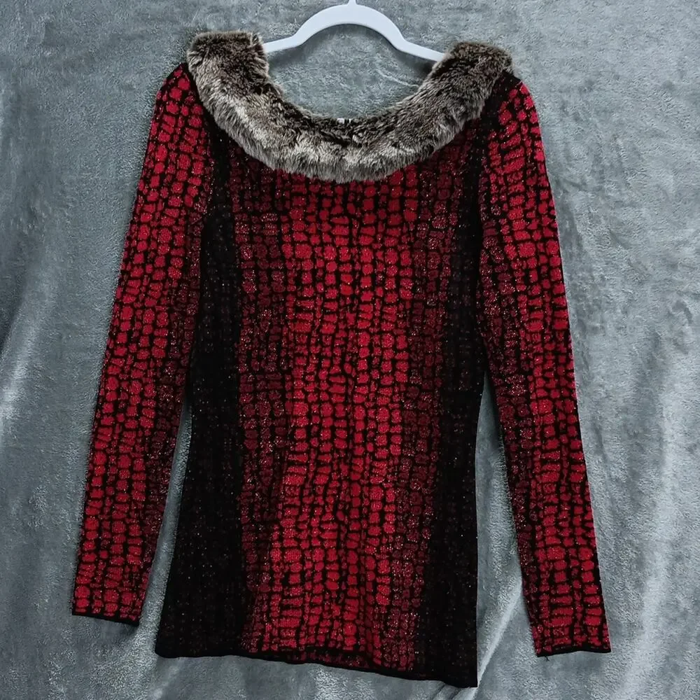 Carmen Marc Valvo Sweater w/ Faux Fur Collar Red‎ & Black Women's Size Small